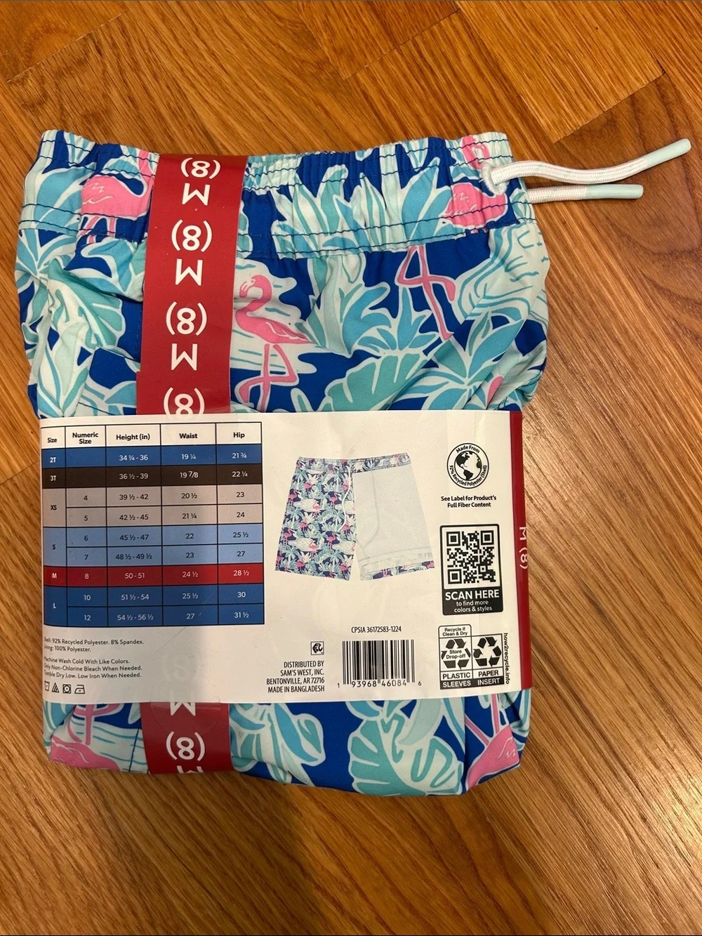 Member’s Mark Boys Resort Swim Trunk size 8 dinosaur black / flamingo blue print